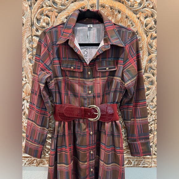 Oyrosy Retro Elegant Classy Lapel Reddish Brown Plaid Maxi Dress w/ Pockets - Picture 5 of 16